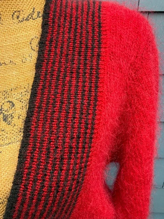 Vintage Red Fuzzy Cardigan with Black Trim Dar Genie Mohair blend med - Picture 6 of 7
